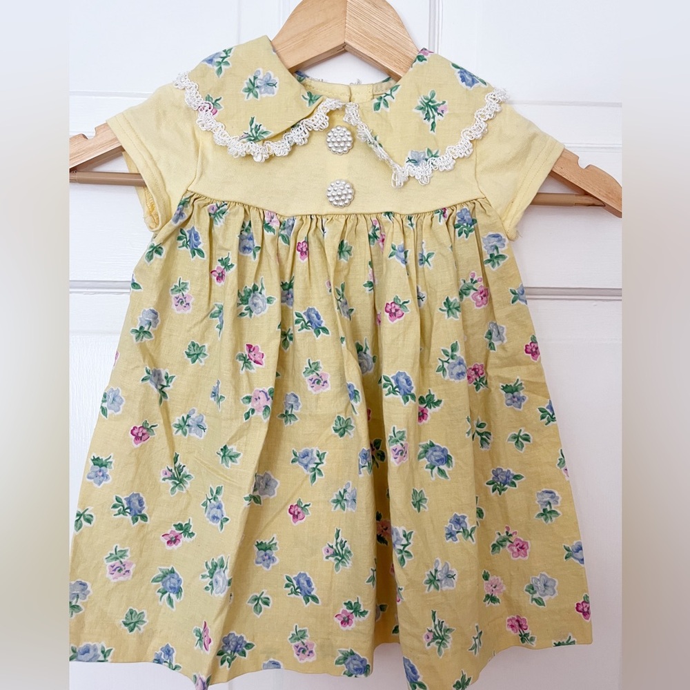 Jo Lene Vintage Toddler Dress 3T Yellow Floral with Pearl Button Details Girls